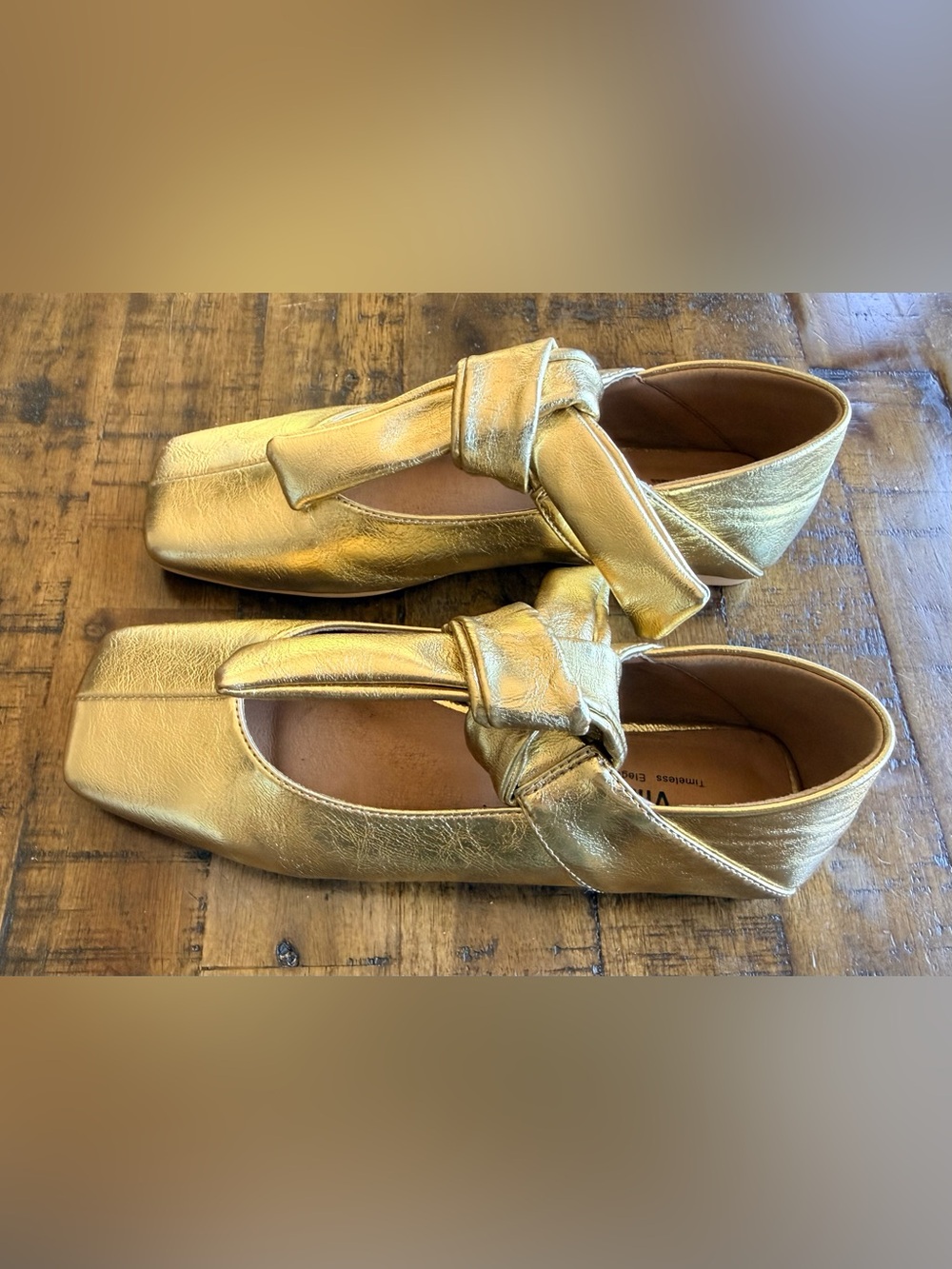 VIMITTY Gold Faux Leather Bow Square Toe Flats – EU 35 / US 5 – Ballerina Slip-
